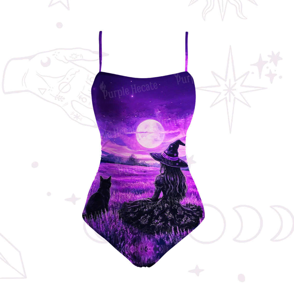 Purplehecate Dreamy Purple Witch and Black Cat Slim-Strap Swimsuit