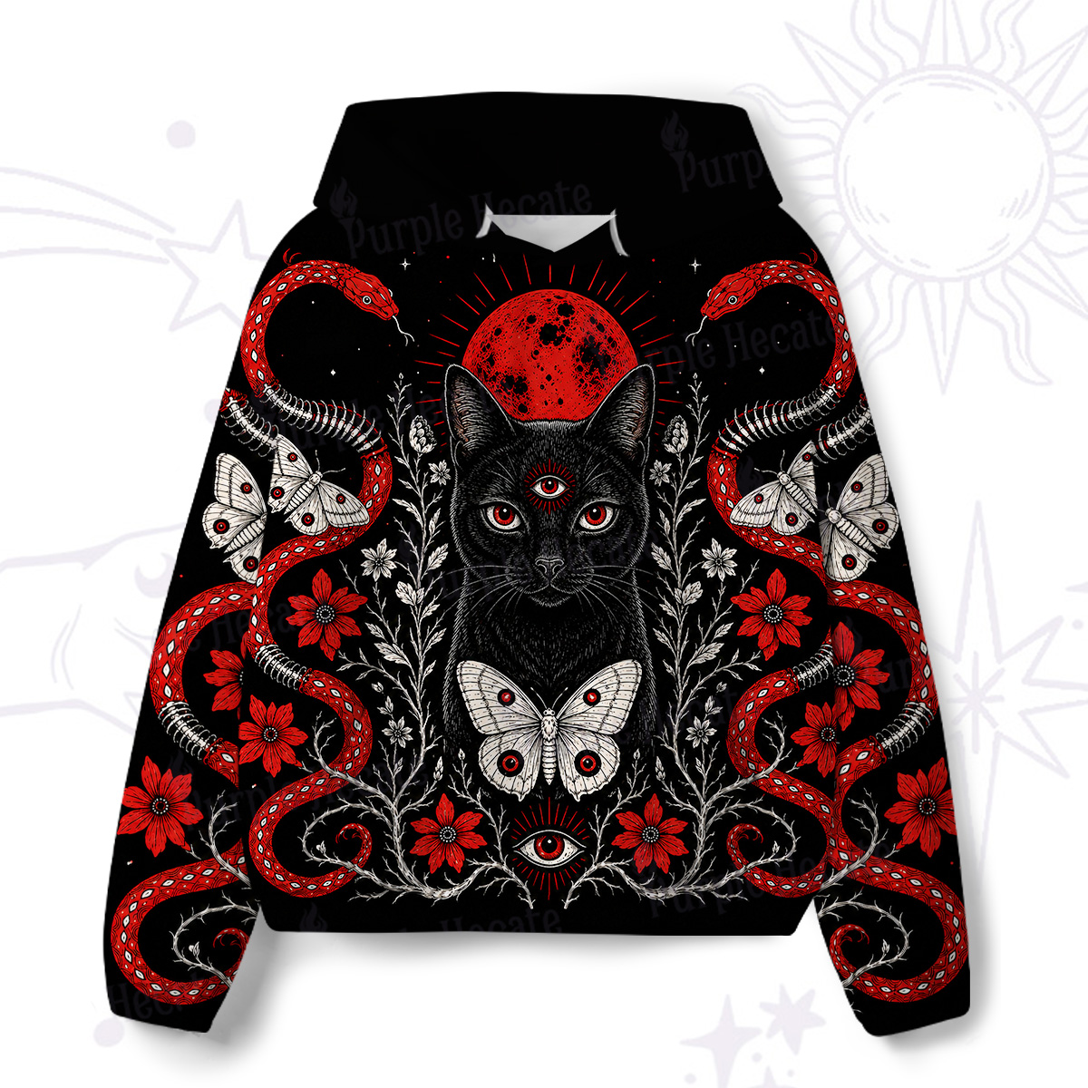 Purplehecate Blood Moon Third‑Eye Black Cat All-Over Print Hoodie