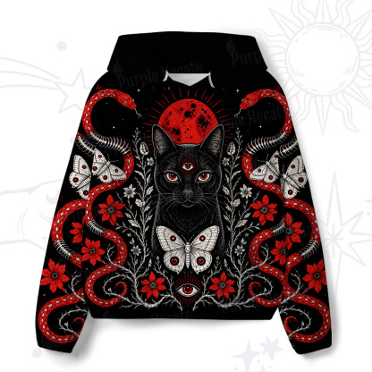 Purplehecate Blood Moon Third‑Eye Black Cat All-Over Print Hoodie