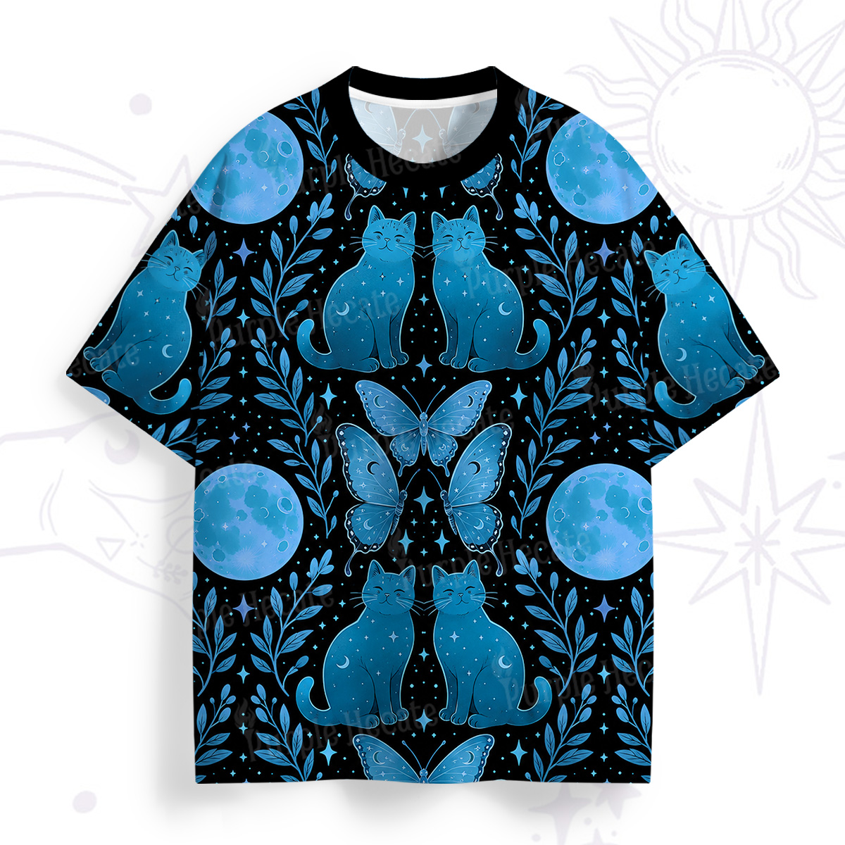 Purplehecate Celestial Blue Cat Moon All Over Print T-Shirt