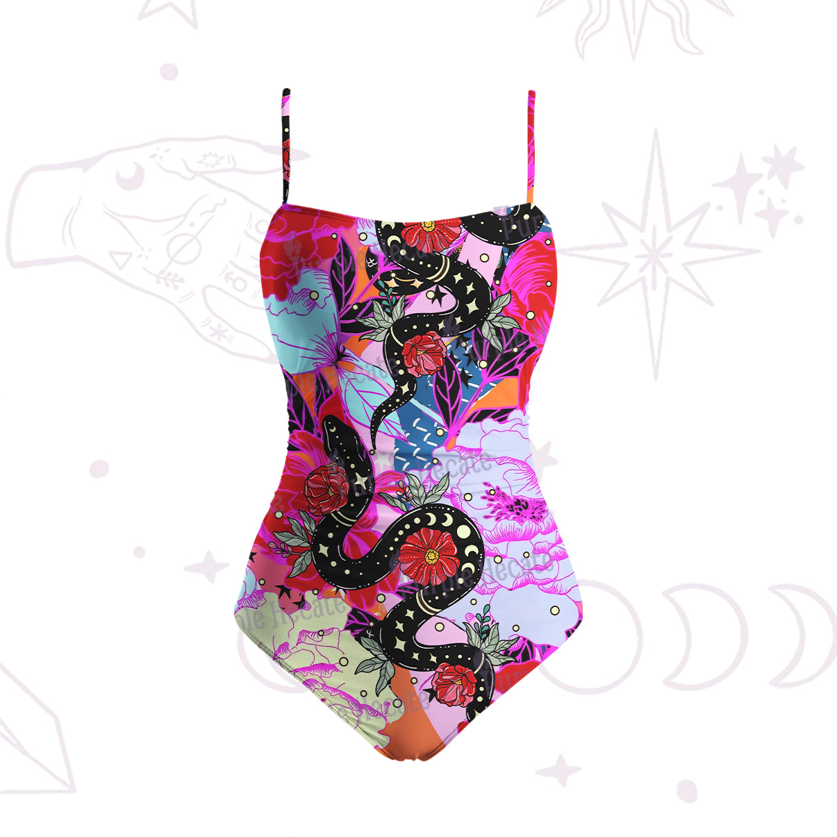 Purplehecate Enchanted Black Serpent & Floral Pattern Slim-Strap Swimsuit