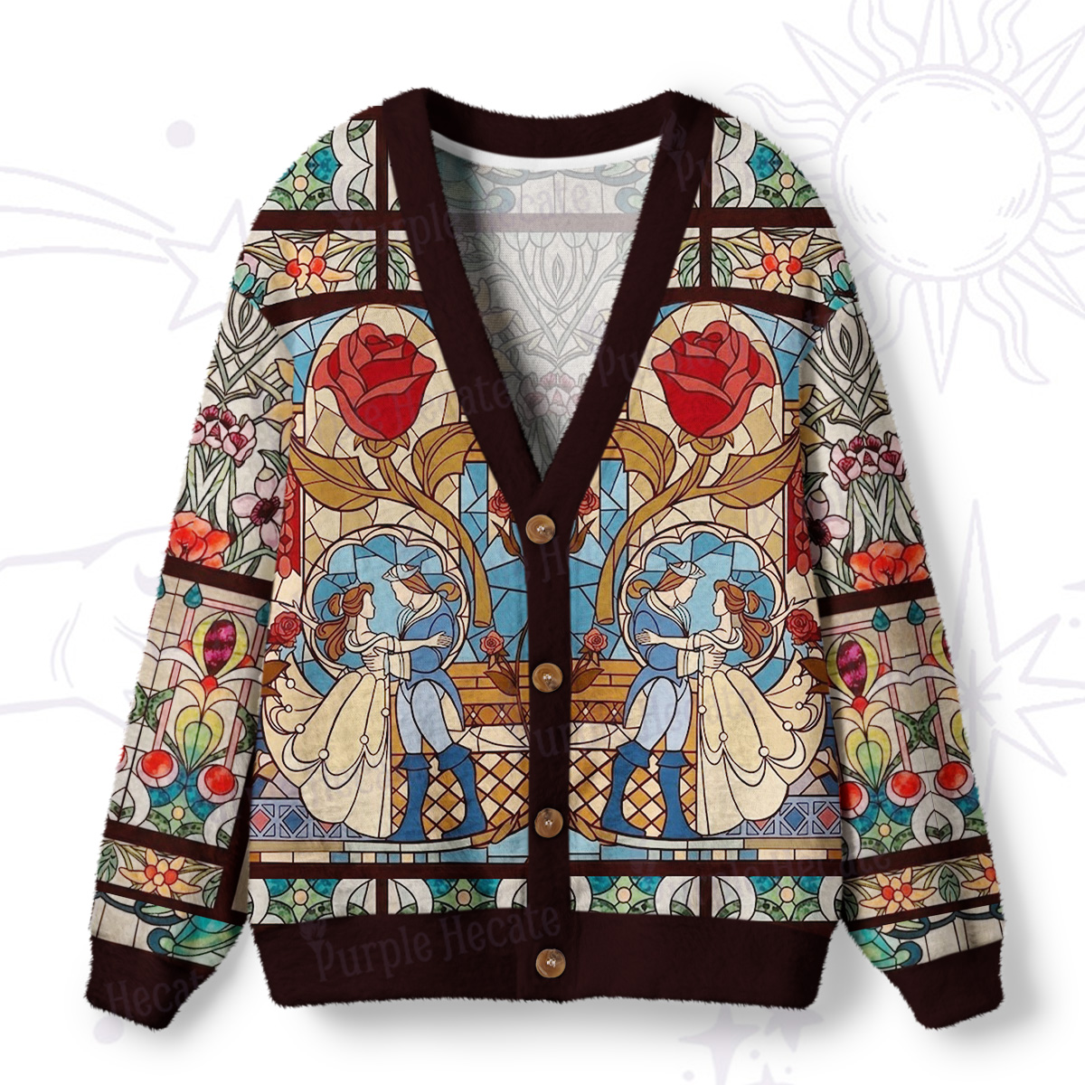 Purplehecate Stained Glass Rose Romance Ugly Cardigan Sweaters