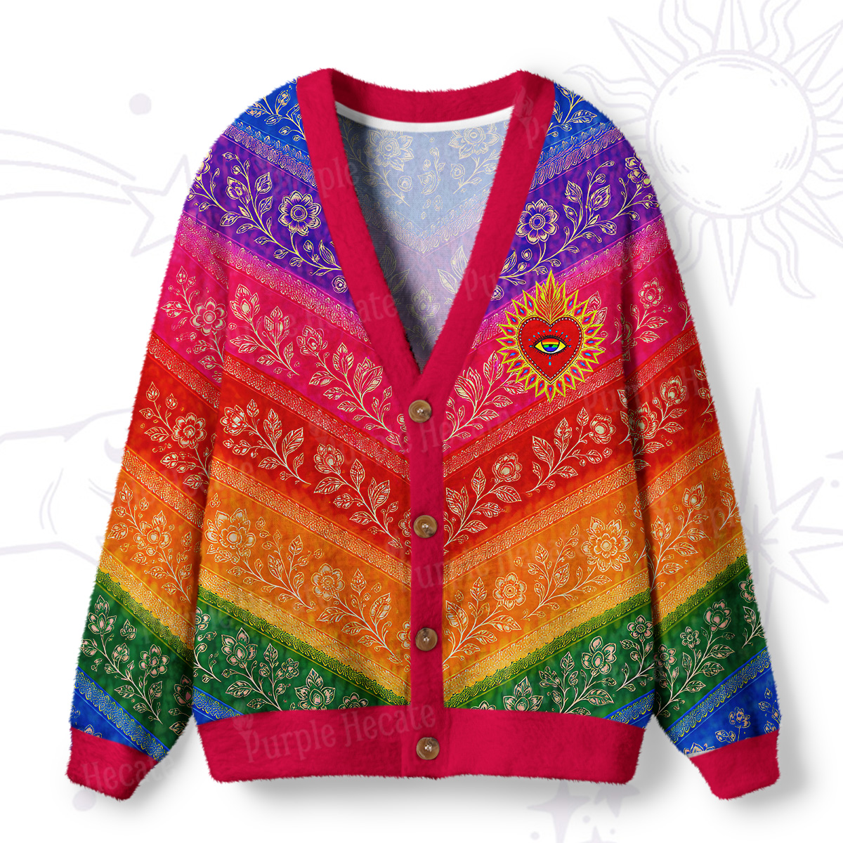Purplehecate Rainbow Striped Sacred Heart Ugly Cardigan Sweaters