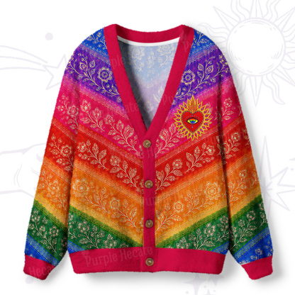 Purplehecate Rainbow Striped Sacred Heart Ugly Cardigan Sweaters