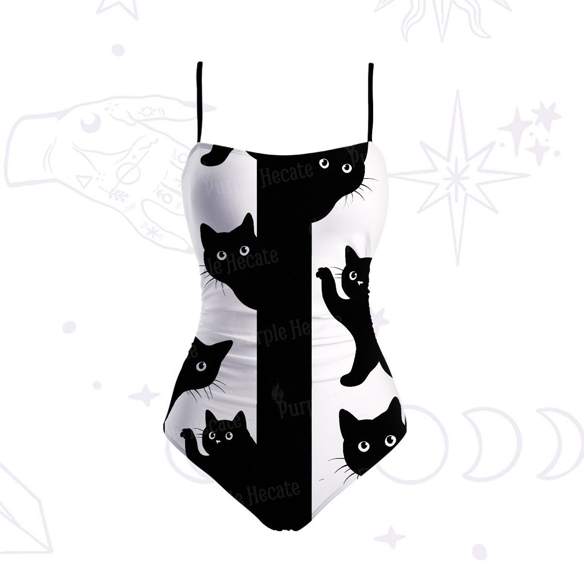 Purplehecate Peekaboo Cats Pattern Slim-Strap Swimsuit