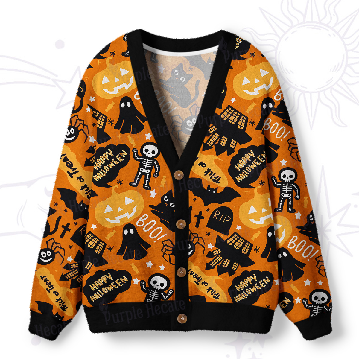 Purplehecate BOO! Skeleton & Ghost Halloween Ugly Cardigan Sweaters