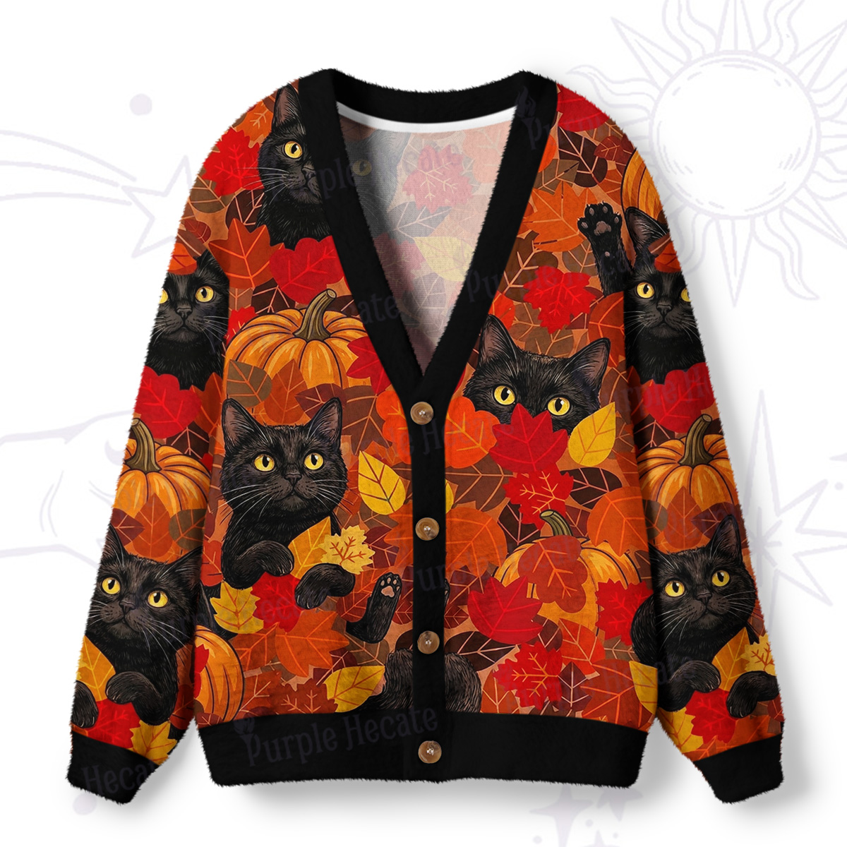 Purplehecate Autumn Pumpkin Patch Black Cat Ugly Cardigan Sweaters