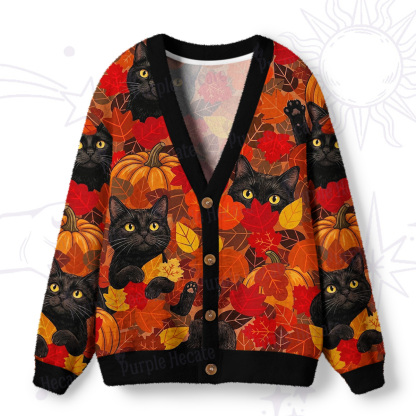 Purplehecate Autumn Pumpkin Patch Black Cat Ugly Cardigan Sweaters