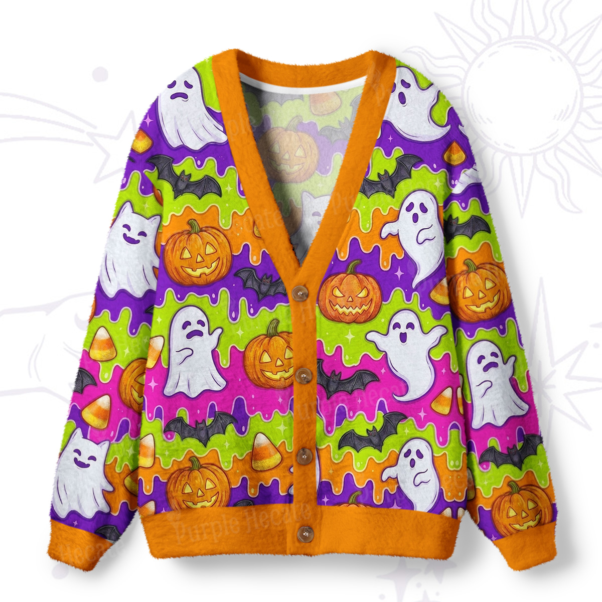 Purplehecate Halloween Ghost Jack‑o’-Lantern Ugly Cardigan Sweaters