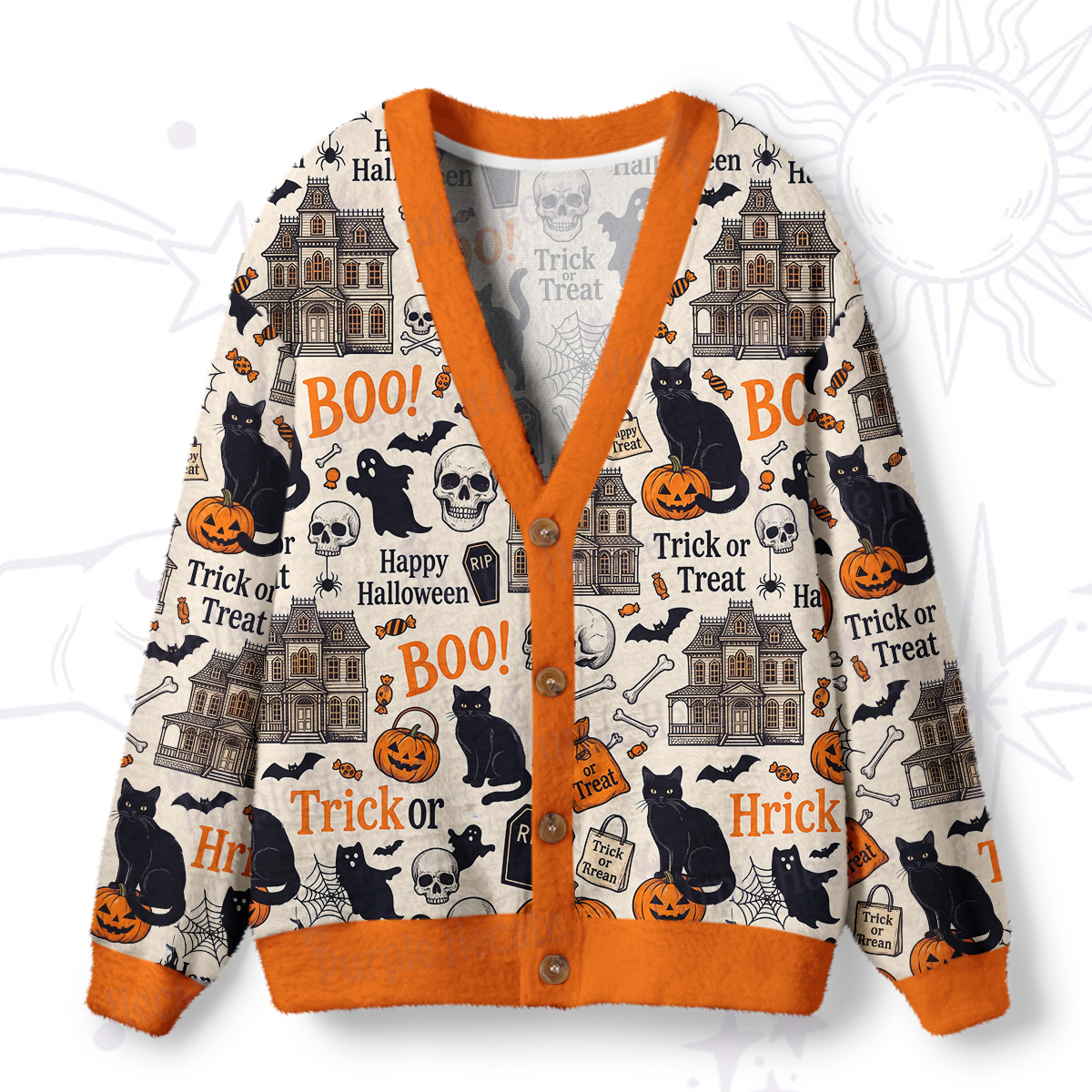 Purplehecate Haunted House on Halloween Night Ugly Cardigan Sweaters