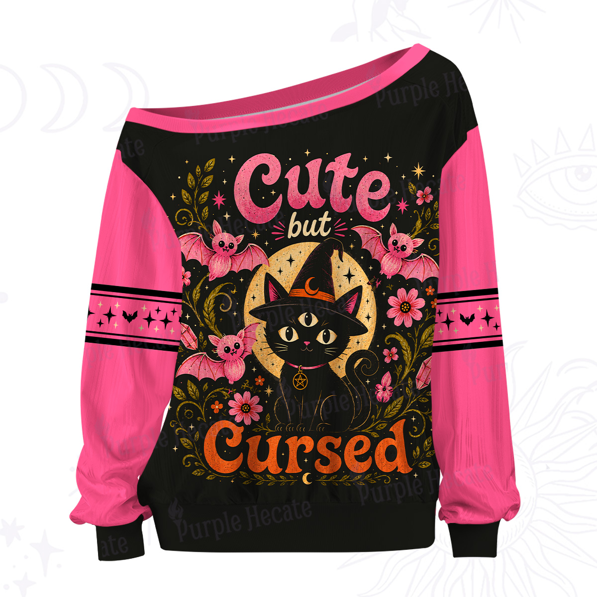 Purplehecate Cute but Cursed Black Cat Off The Shoulder Graphic Jersey