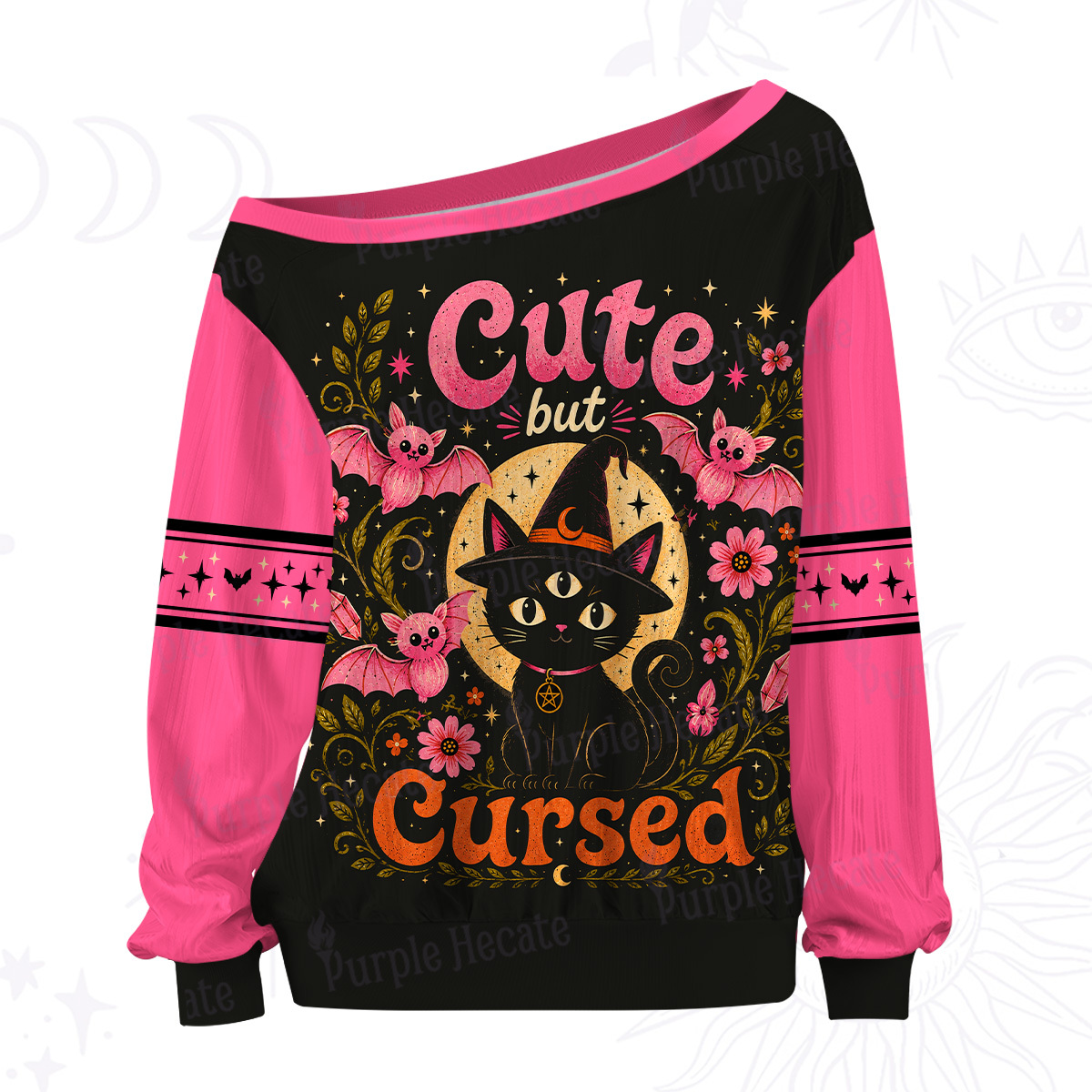 Purplehecate Cute but Cursed Black Cat Off The Shoulder Graphic Jersey