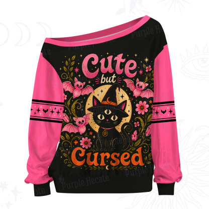 Purplehecate Cute but Cursed Black Cat Off The Shoulder Graphic Jersey