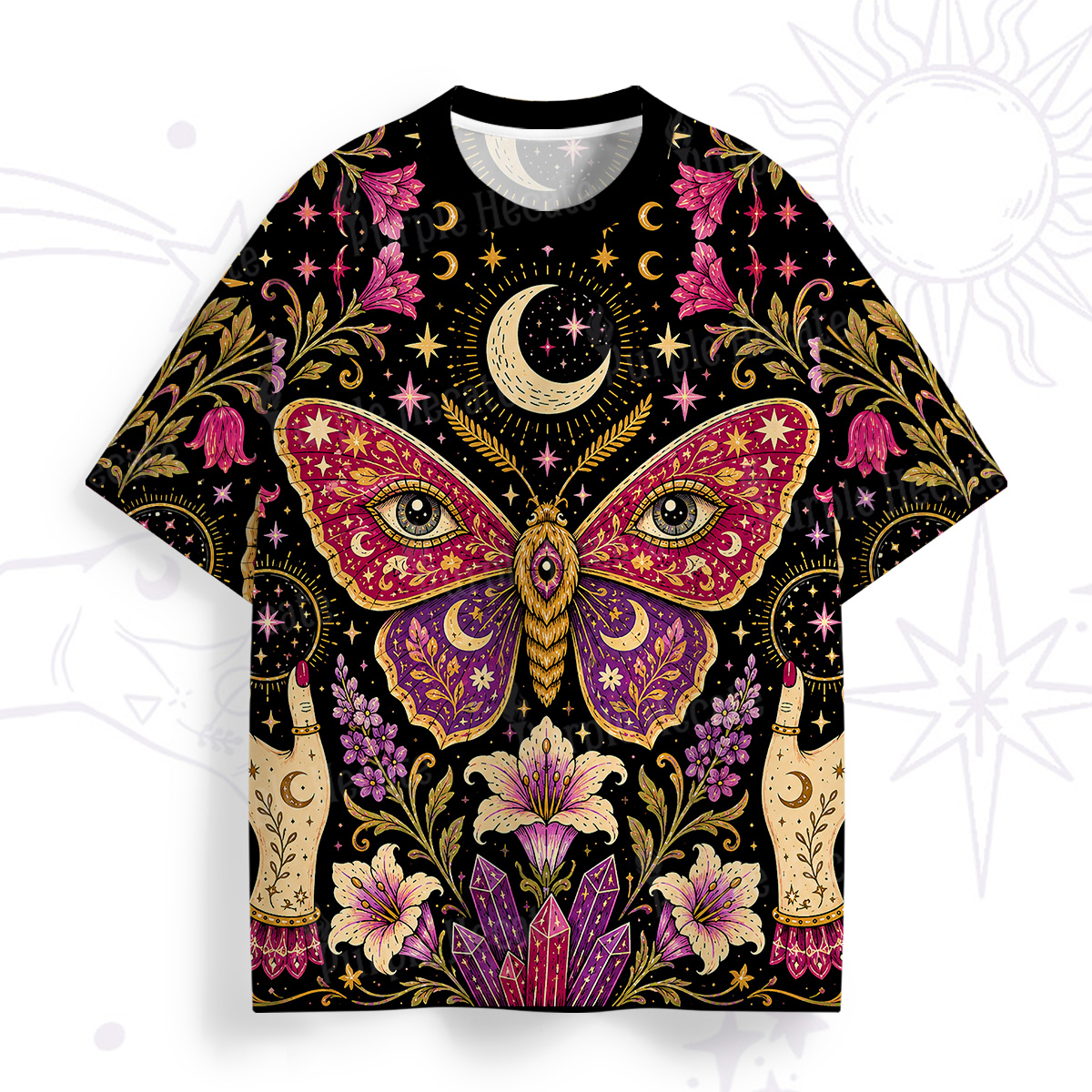 Purplehecate Mystic Moon Moth & Floral Magic All Over Print T-Shirt