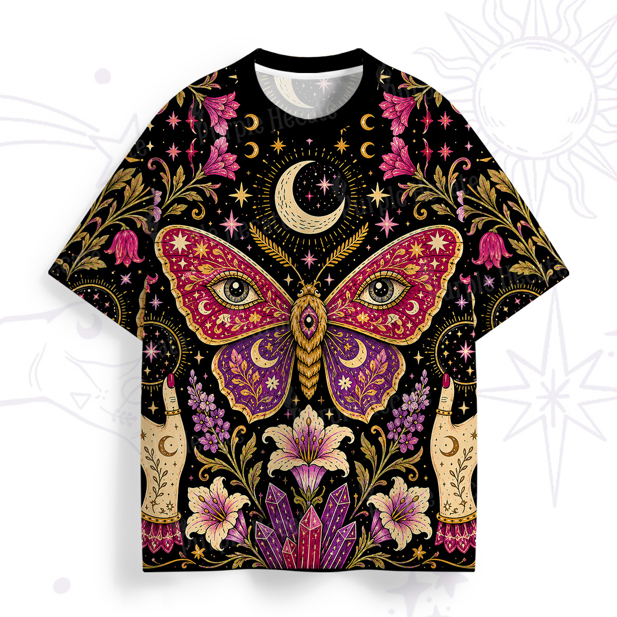 Purplehecate Mystic Moon Moth & Floral Magic All Over Print T-Shirt