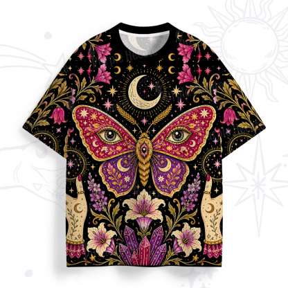 Purplehecate Mystic Moon Moth & Floral Magic All Over Print T-Shirt