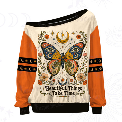 Purplehecate Beautiful Things Take Time Butterfly Off The Shoulder Graphic Jersey