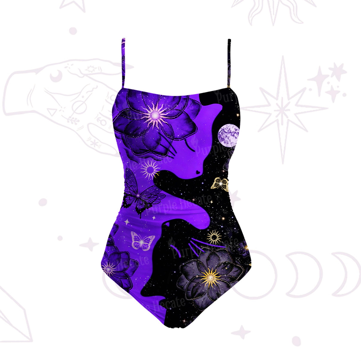 Purplehecate Starlit Cats & Butterflies Slim-Strap Swimsuit