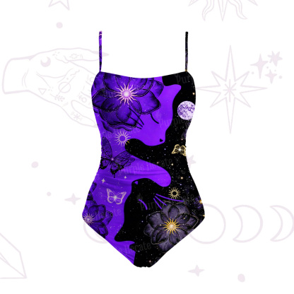 Purplehecate Starlit Cats & Butterflies Slim-Strap Swimsuit