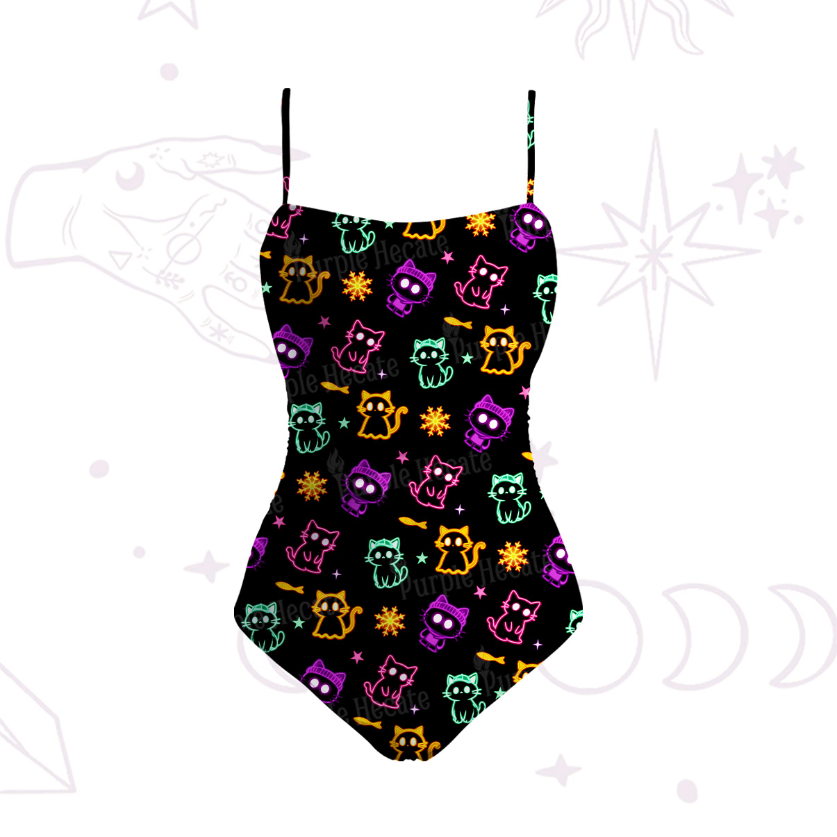 Purplehecate Neon Cat Party Slim-Strap Swimsuit