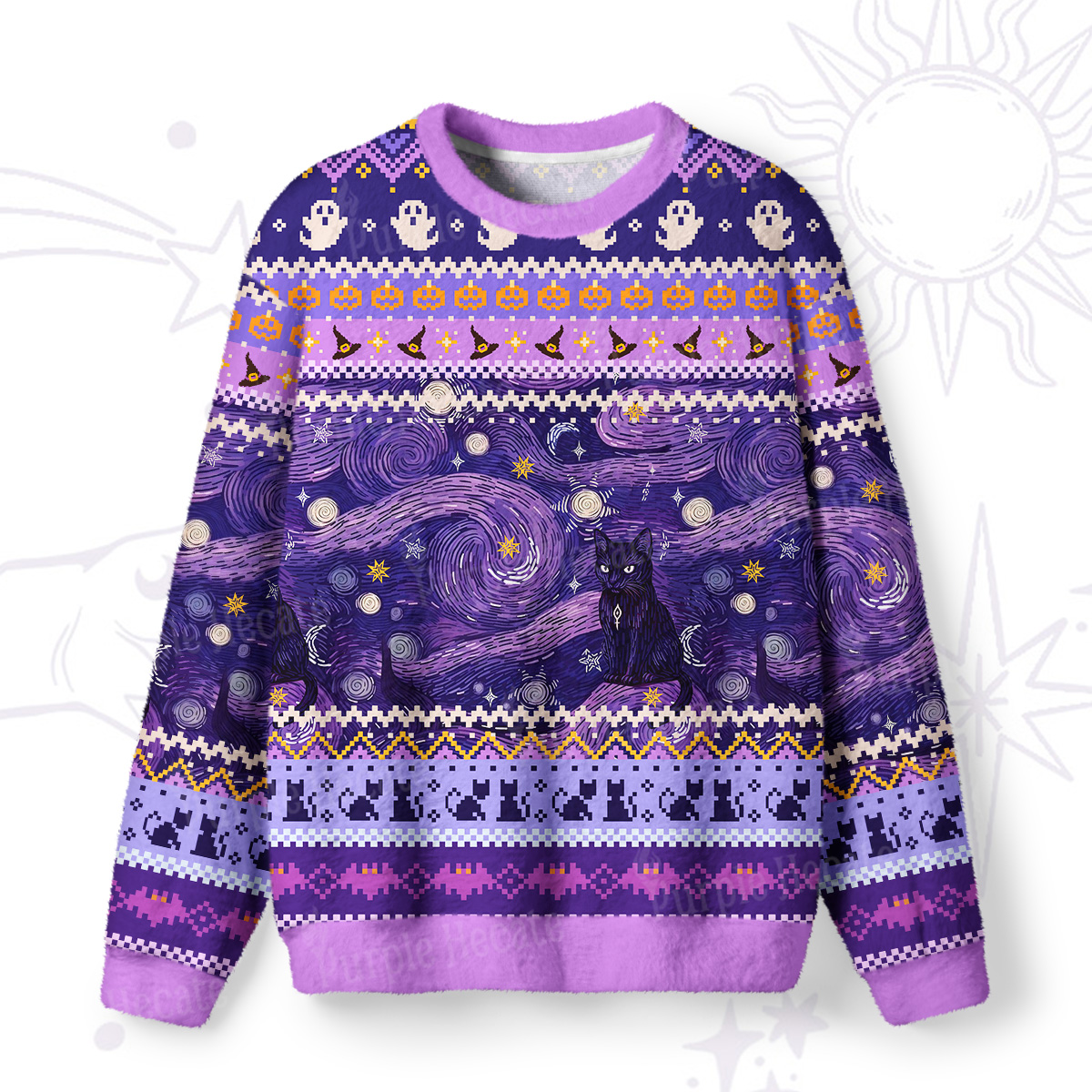 Purplehecate Mystic Cat Beneath the Cosmic Veil Ugly Halloween Sweatshirts
