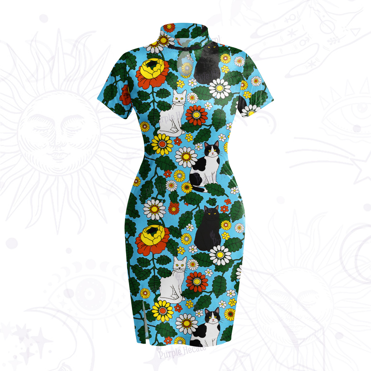 Purplehecate Daisy Cat  Garden Velvet Bodycon Dress
