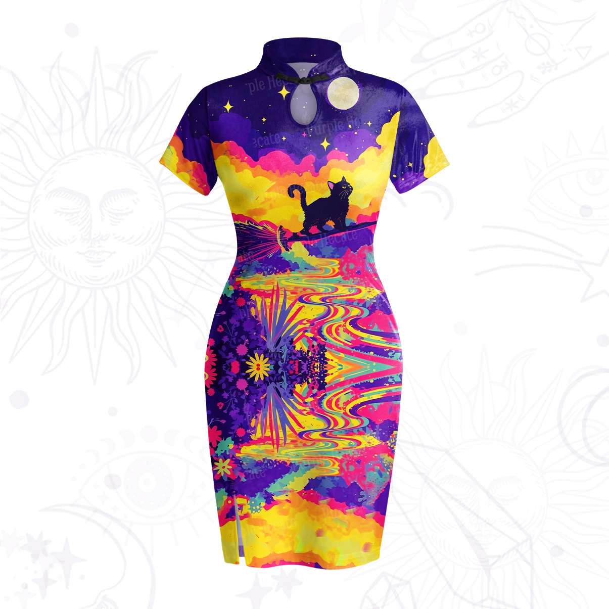 Purplehecate Midnight Cosmic Cat Fantasy Velvet Bodycon Dress