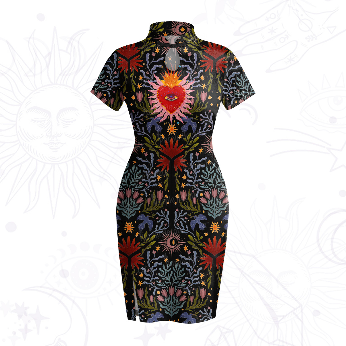 Purplehecate Sacred Flame Heart Velvet Bodycon Dress