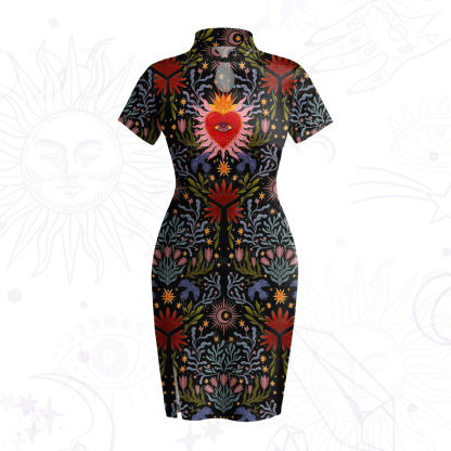 Purplehecate Sacred Flame Heart Velvet Bodycon Dress