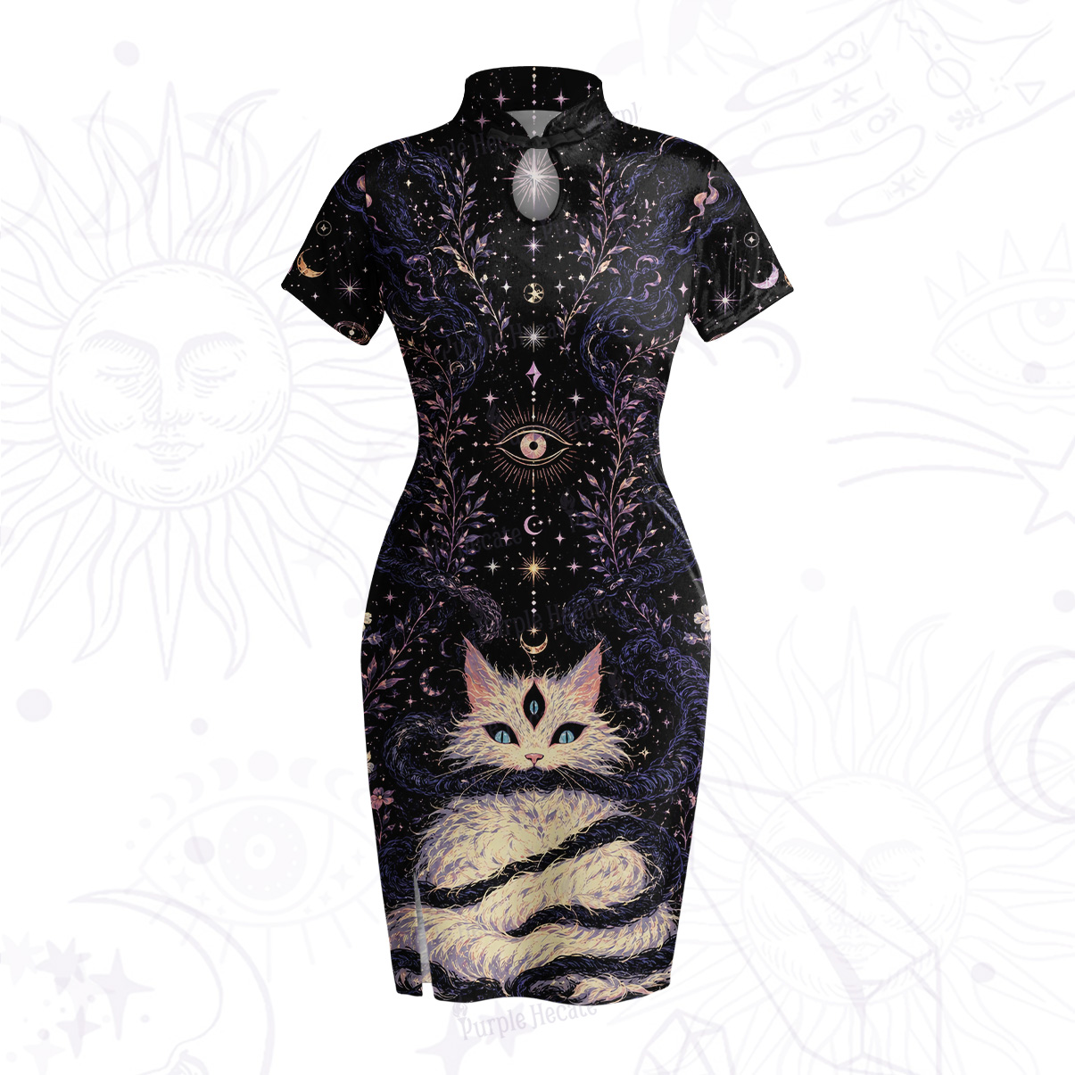 Purplehecate Moon Phase Oracle Cat Velvet Bodycon Dress