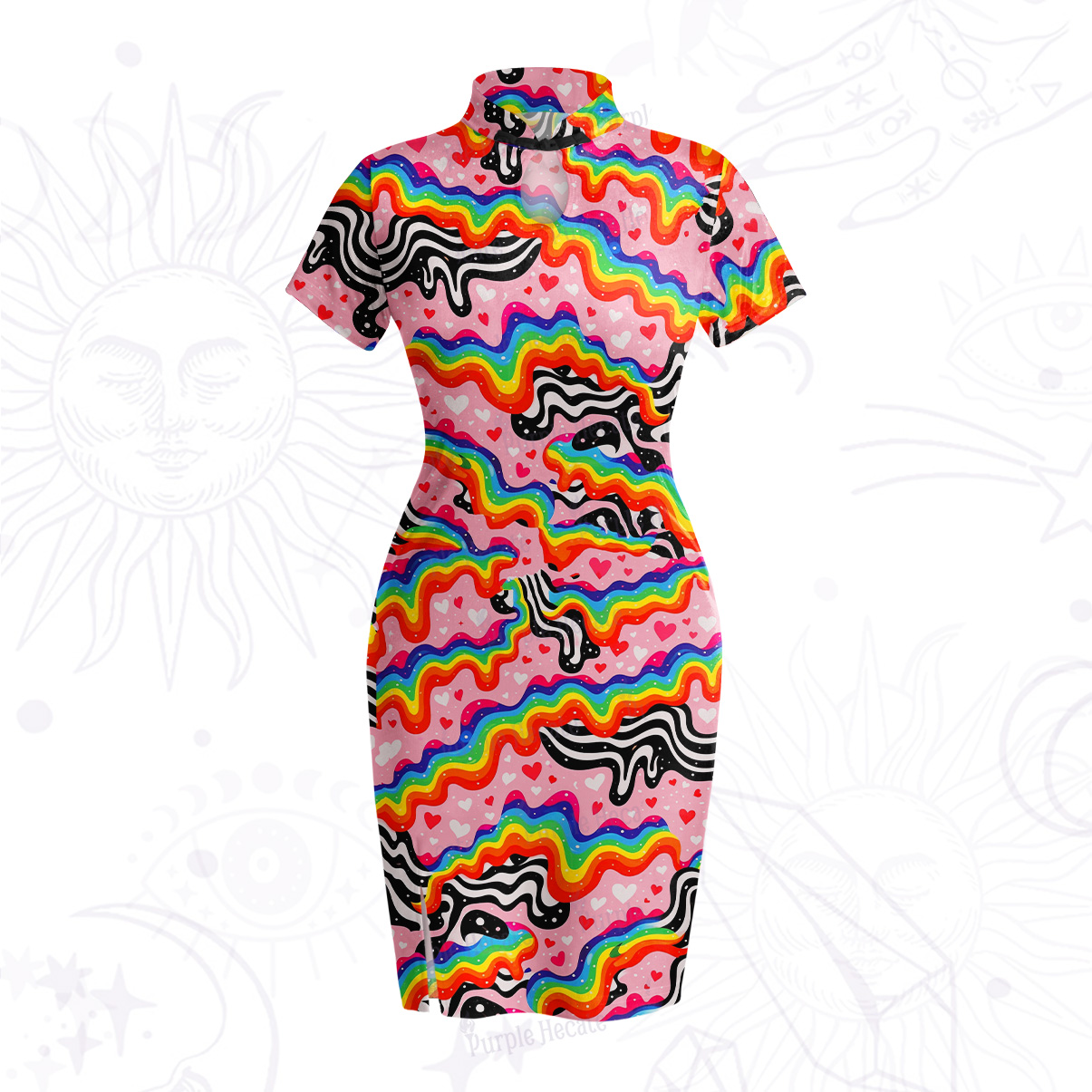 Purplehecate Groovy Melty Rainbow Hearts Velvet Bodycon Dress