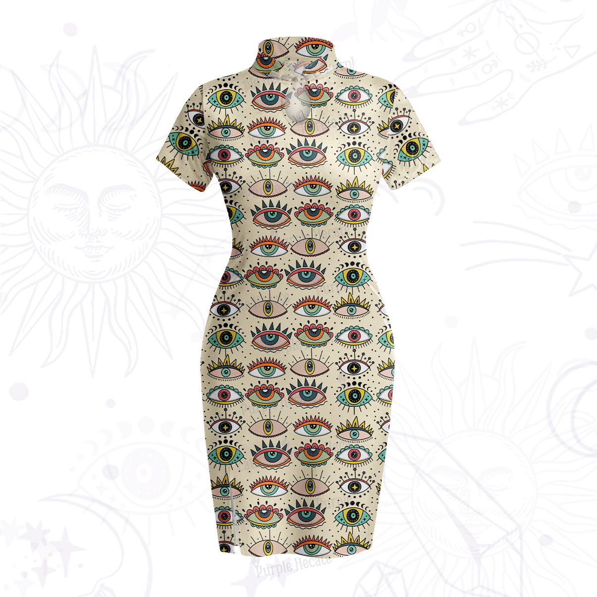 Purplehecate Evil Eye Pattern Velvet Bodycon Dress