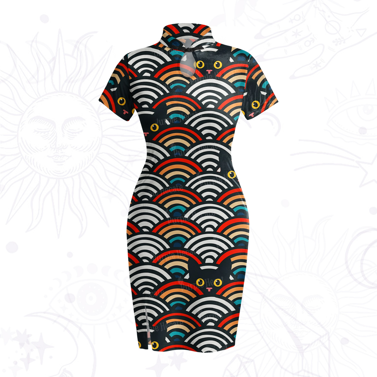 Purplehecate Rainbow Black Cat Waves Velvet Bodycon Dress
