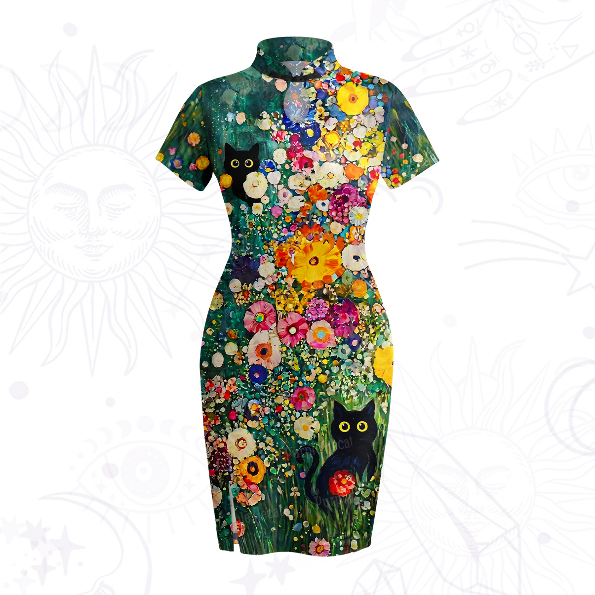 Purplehecate Fluffy Black Cat in Colorful Flower Field Velvet Bodycon Dress