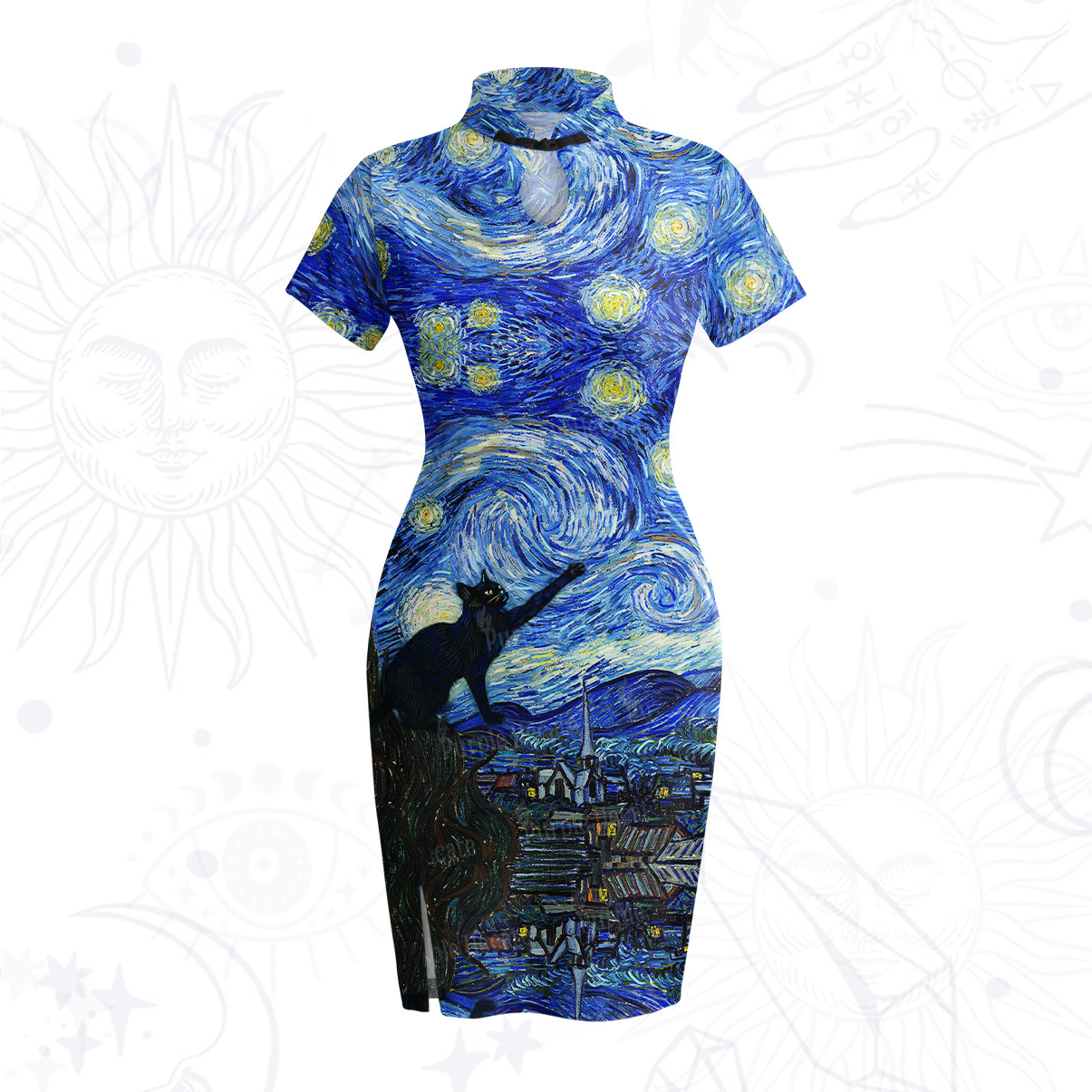 Purplehecate Witch Cat Under the Starry Night Velvet Bodycon Dress