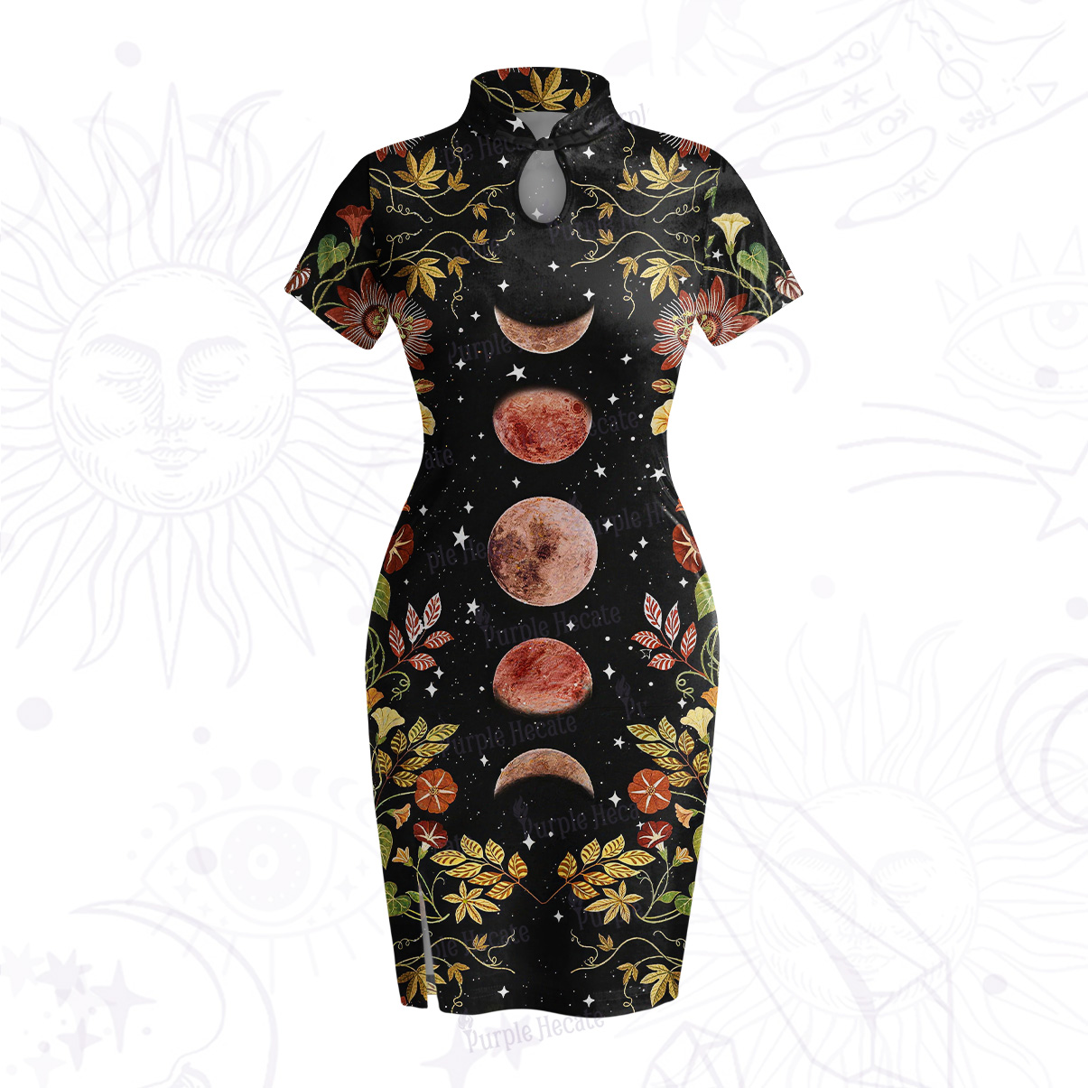 Purplehecate Moon Phase Floral Velvet Bodycon Dress