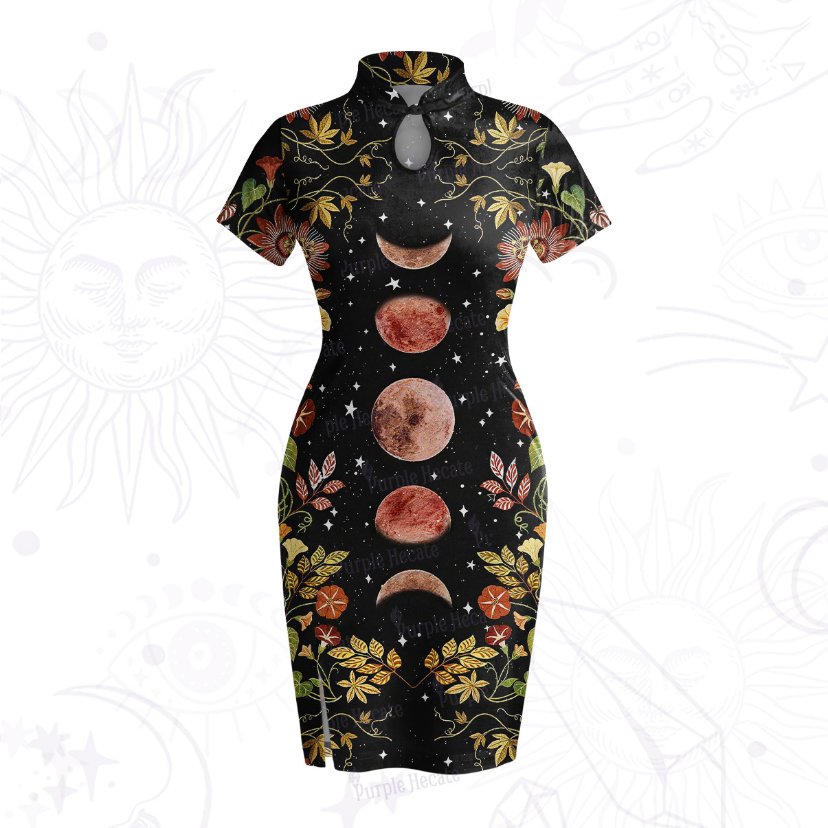 Purplehecate Moon Phase Floral Velvet Bodycon Dress