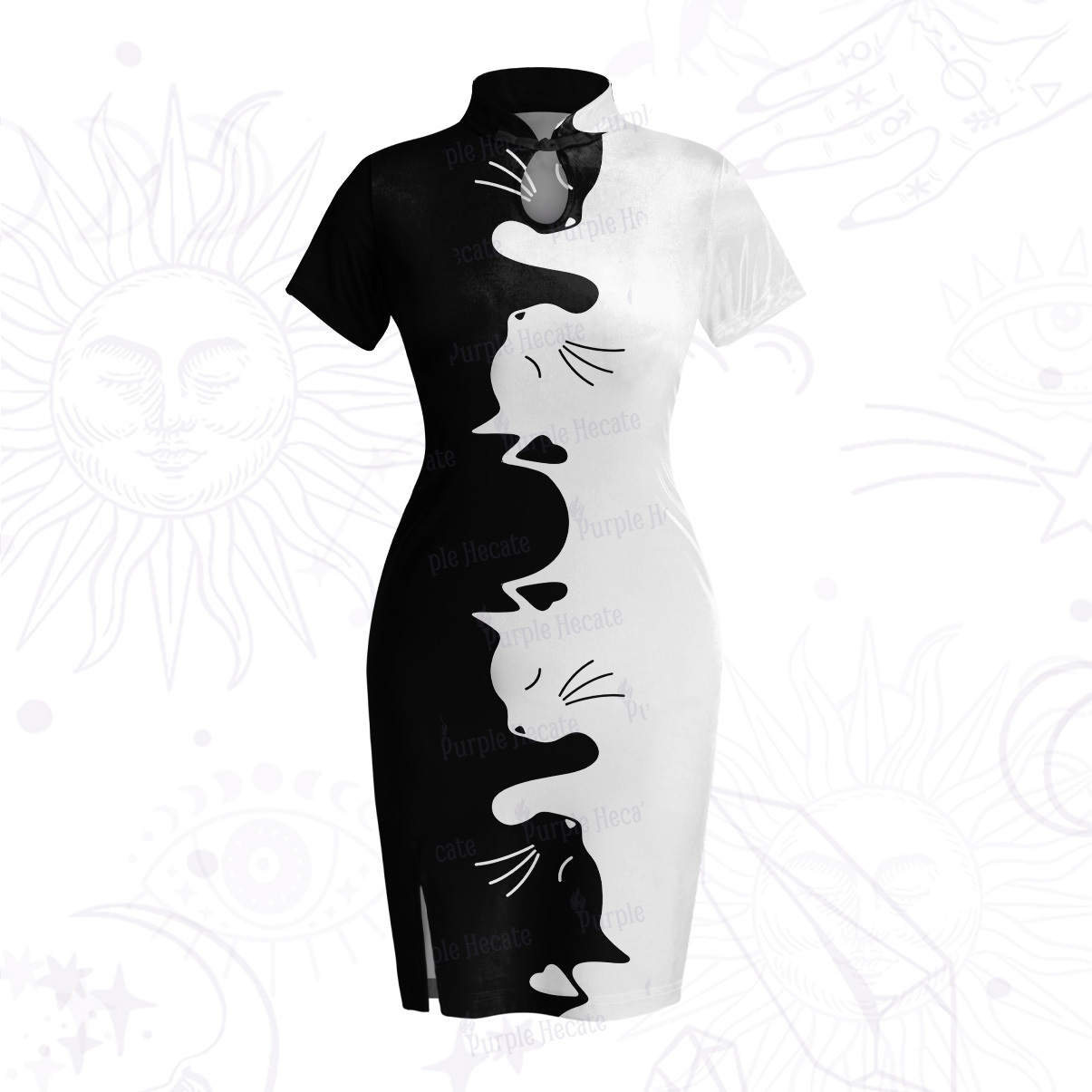 Purplehecate Yin Yang Cat Lover Velvet Bodycon Dress