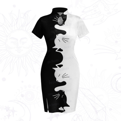 Purplehecate Yin Yang Cat Lover Velvet Bodycon Dress