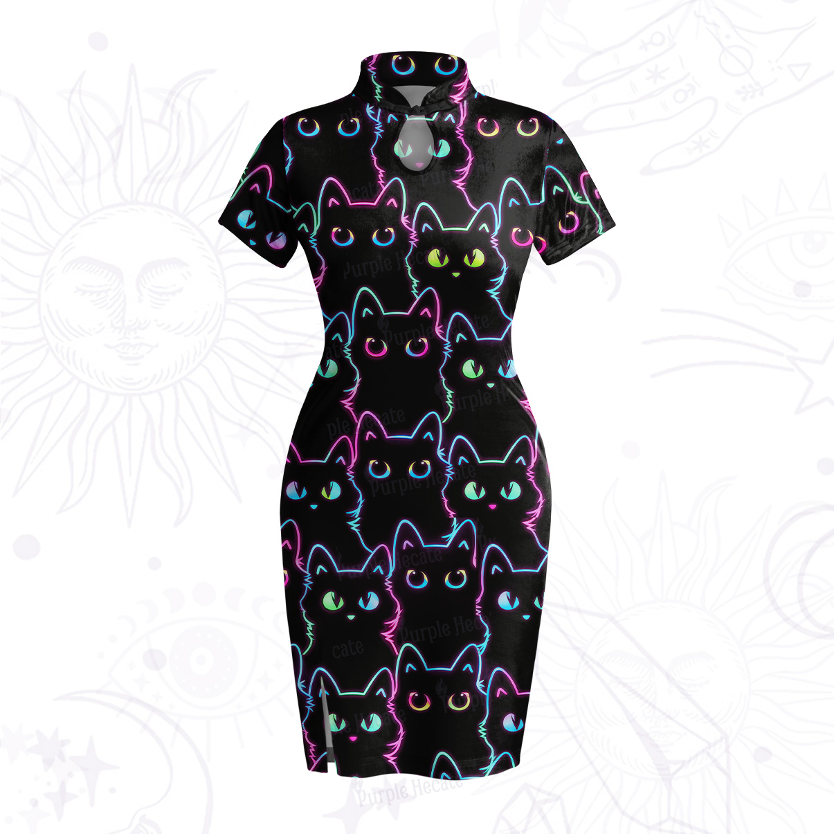 Purplehecate Neon Glow Stacked Cats Velvet Bodycon Dress