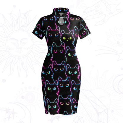 Purplehecate Neon Glow Stacked Cats Velvet Bodycon Dress