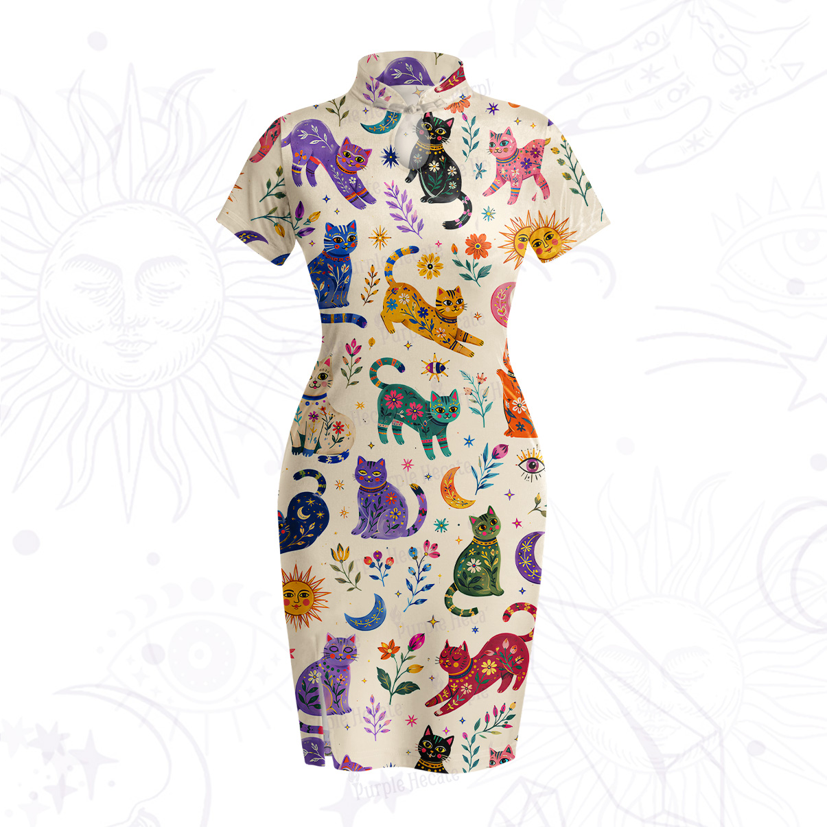 Purplehecate Rainbow Magic Cats Velvet Bodycon Dress