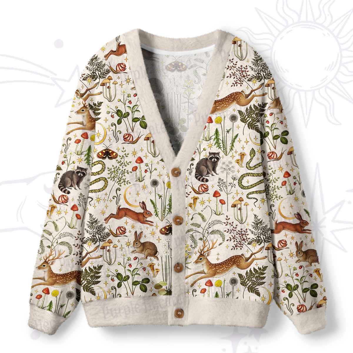 Purplehecate Enchanted Forest Animals Ugly Cardigan Sweaters