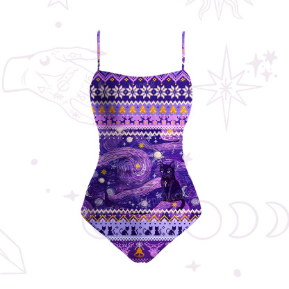 Purplehecate Mystic Cat Beneath the Cosmic Veil Slim-Strap Swimsuit