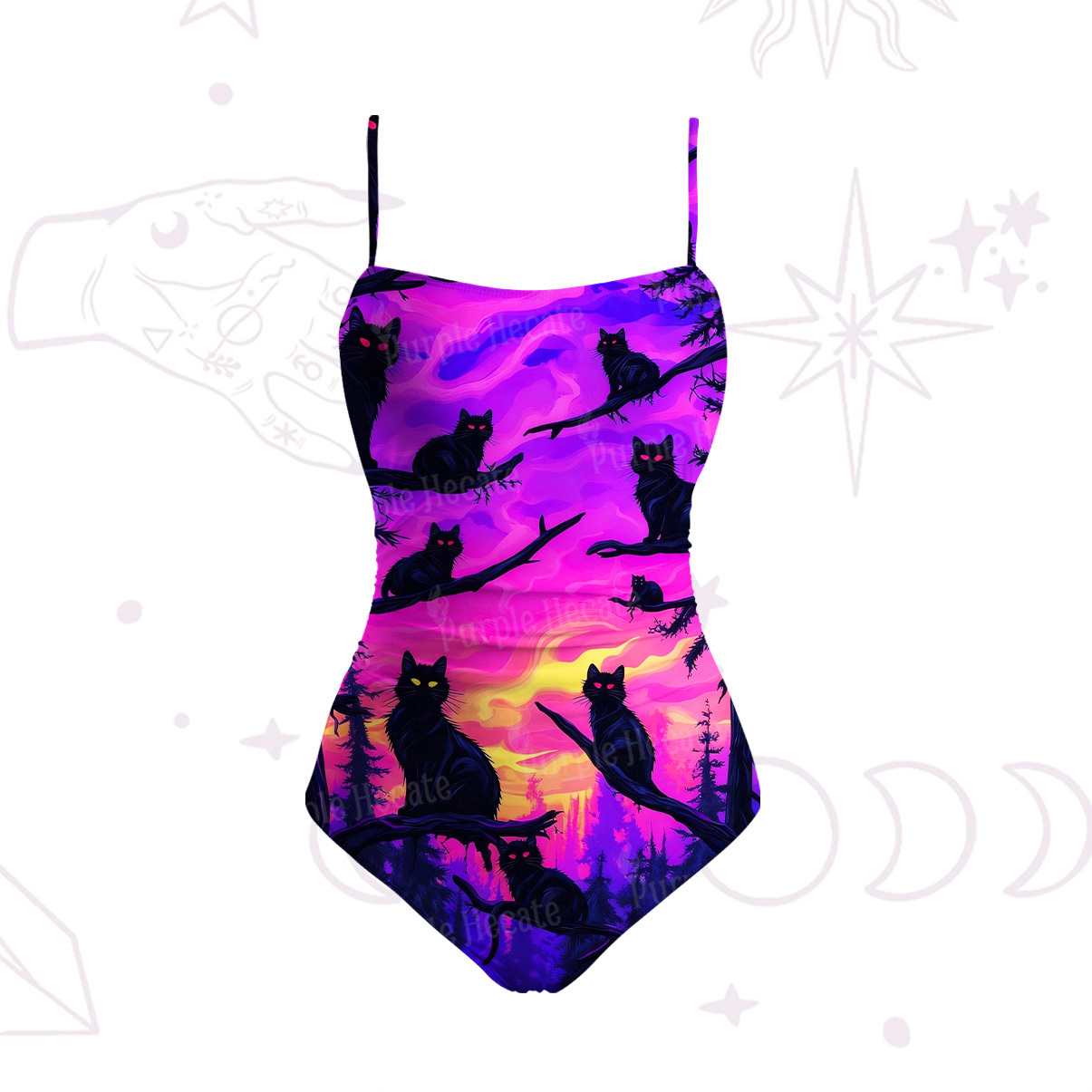 Purplehecate Twilight Forest Guardian Cat Slim-Strap Swimsuit