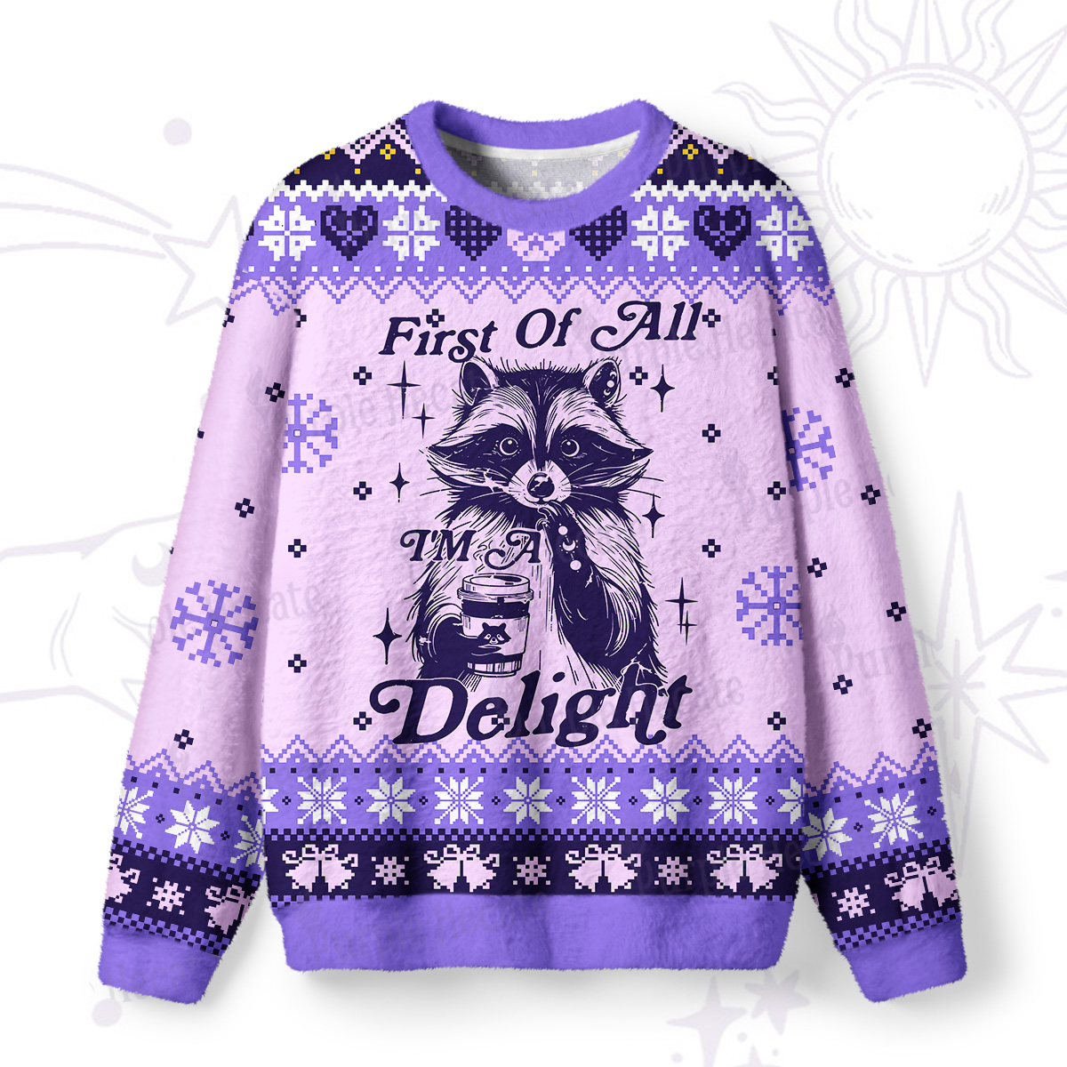 Purplehecate First Of All I'm A Delightful Funny Raccoon Ugly Christmas Sweatshirts