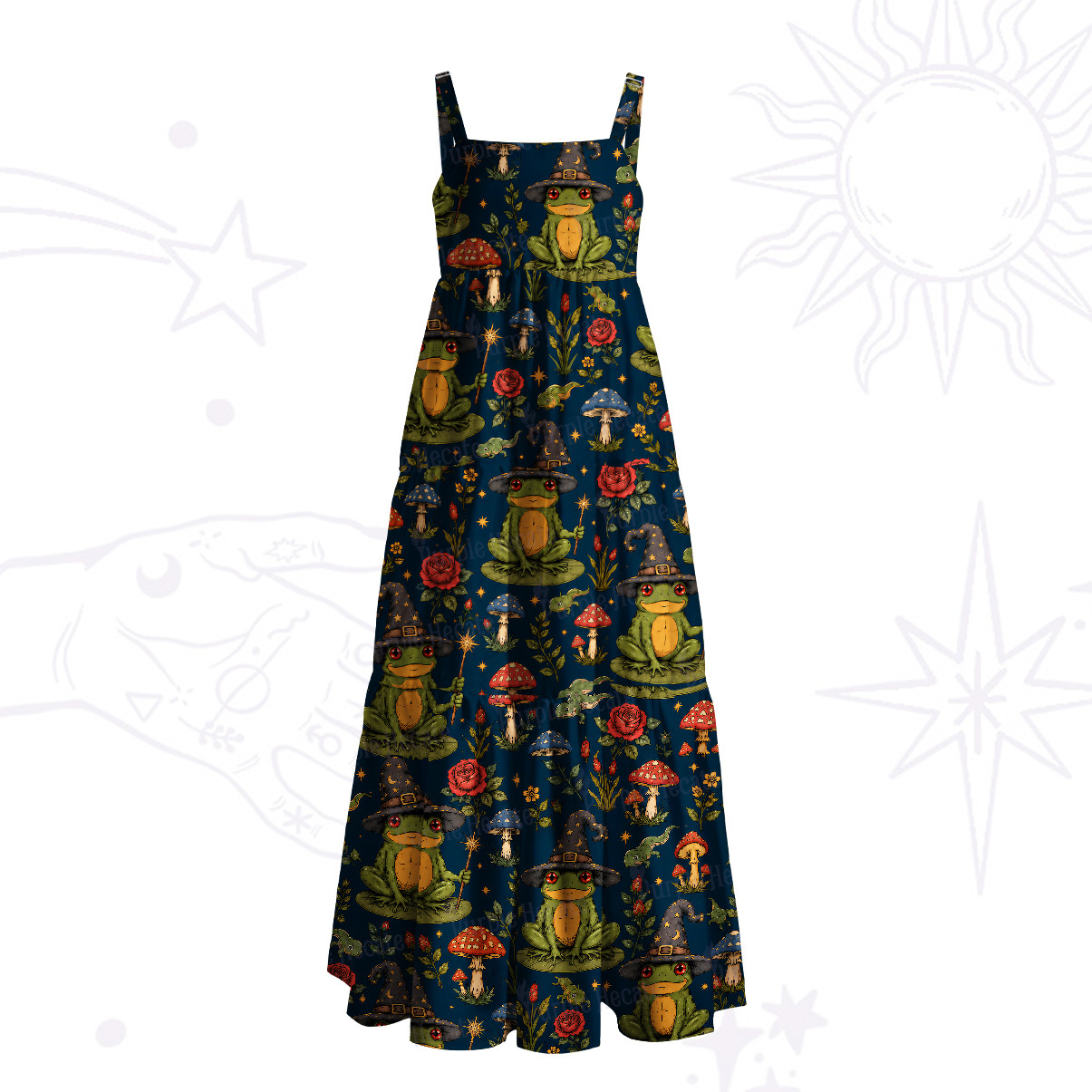 Purplehecate Forest Frog Wizard Print Wide Straps Maxi Dress