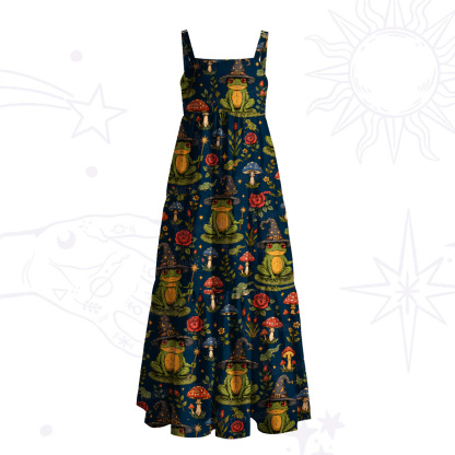 Purplehecate Forest Frog Wizard Print Wide Straps Maxi Dress