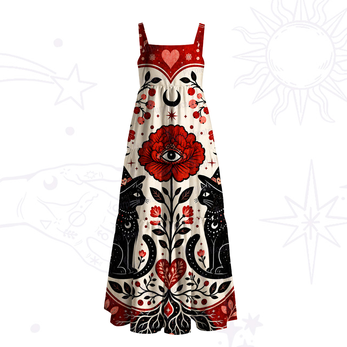 Purplehecate Sacred Cat Floral Wide Straps Maxi Dress