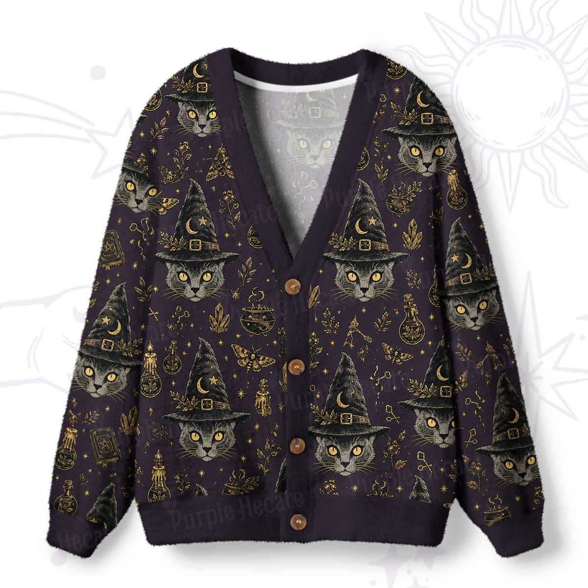 Purplehecate Witchy Grey Cat Print Halloween Ugly Cardigan Sweaters